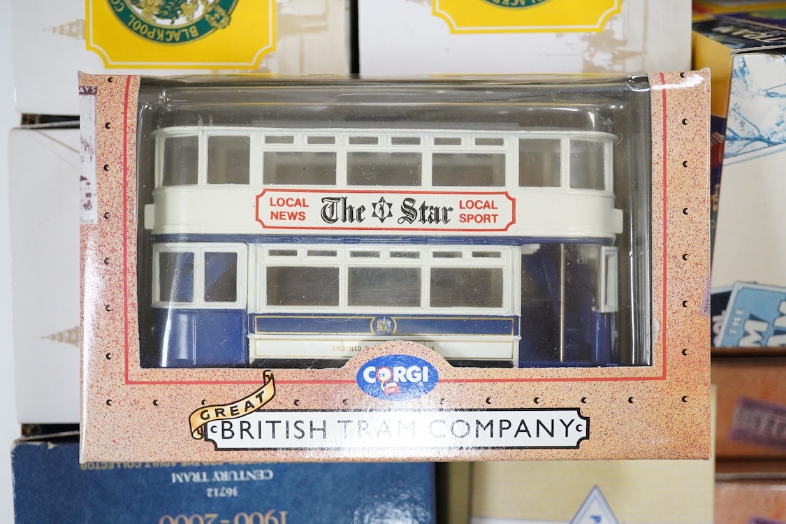 Forty-five boxed diecast trams, buses and other commercial vehicles by Corgi Classic, Corgi OOC, and EFE, operators include Leeds tram, the Tate & Lyle Story set, Blackpool Corporation Transport (seven examples), Thornyc